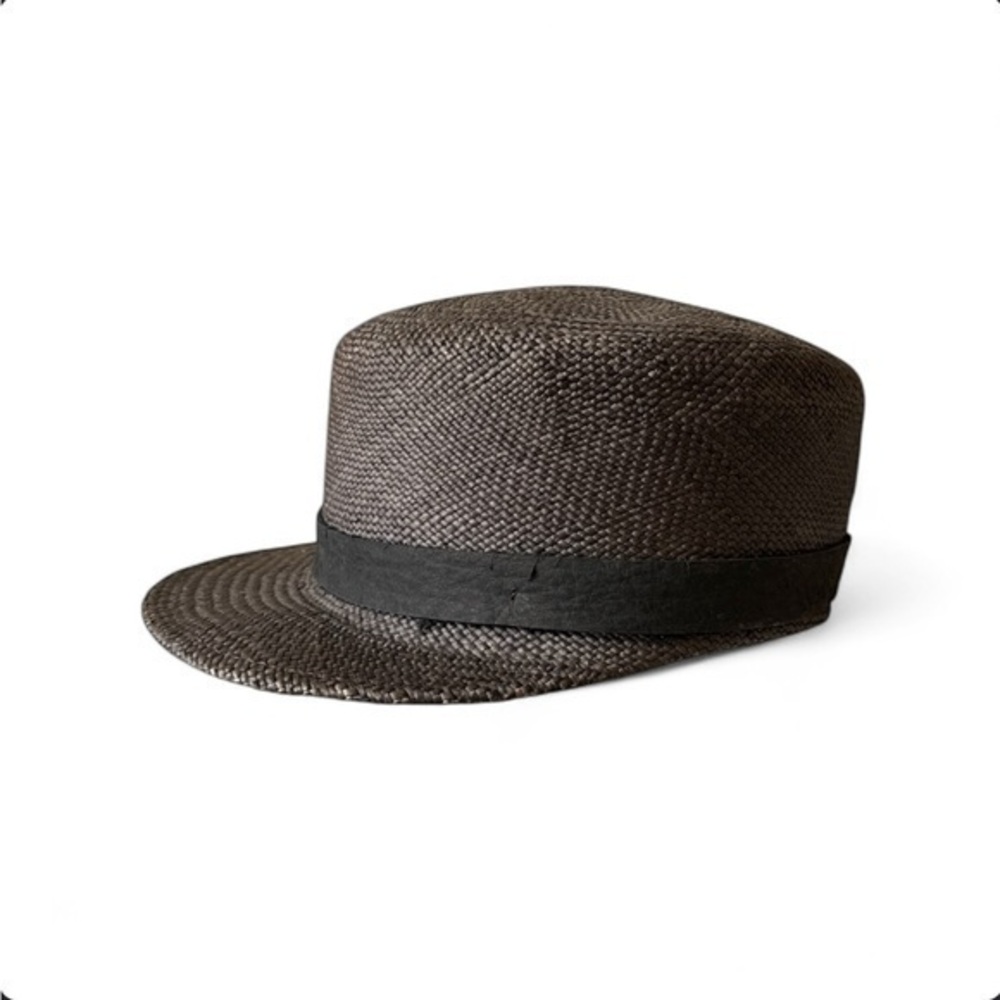 Janessa Leone Straw Cap Hat Black Brown Leather Band Woven Resortwear Sz Small⁠